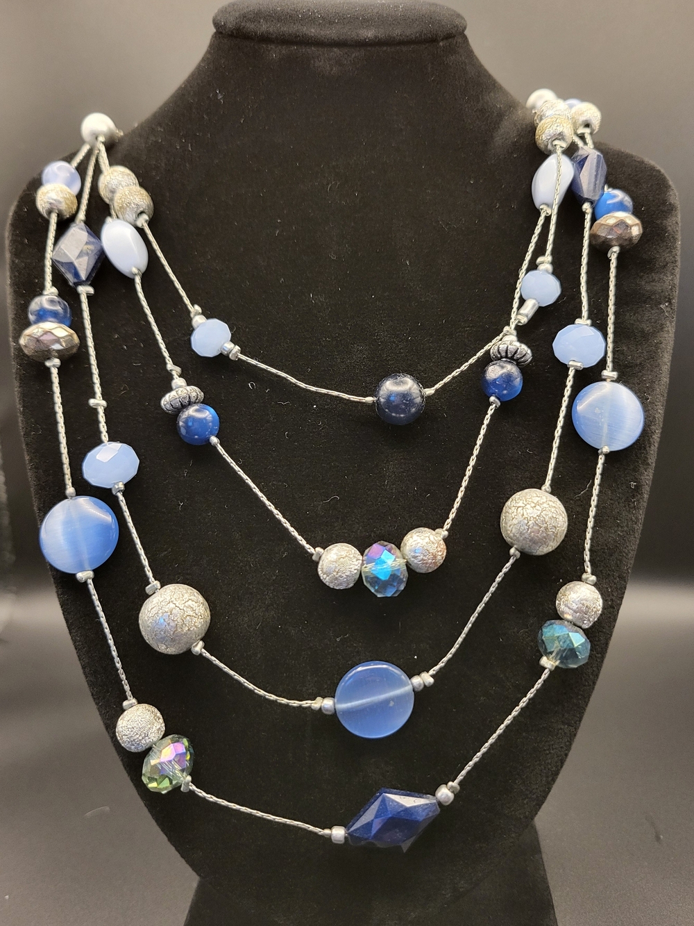 Blue Multi-Strand Beaded Women’s Necklace, Silver